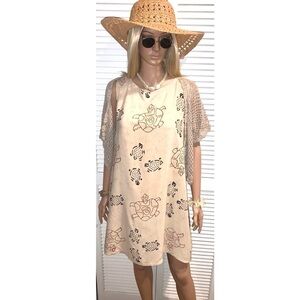 Vintage Peppermint Bay Turtle Rayon dress with net open coverup sweater Large